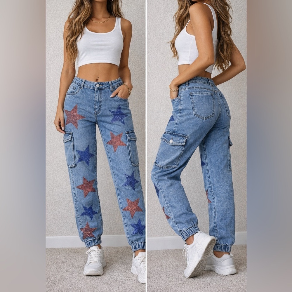 Y2K Star Rhinestone Cargo Jogger Jeans LIC Lizette Collection Size 13